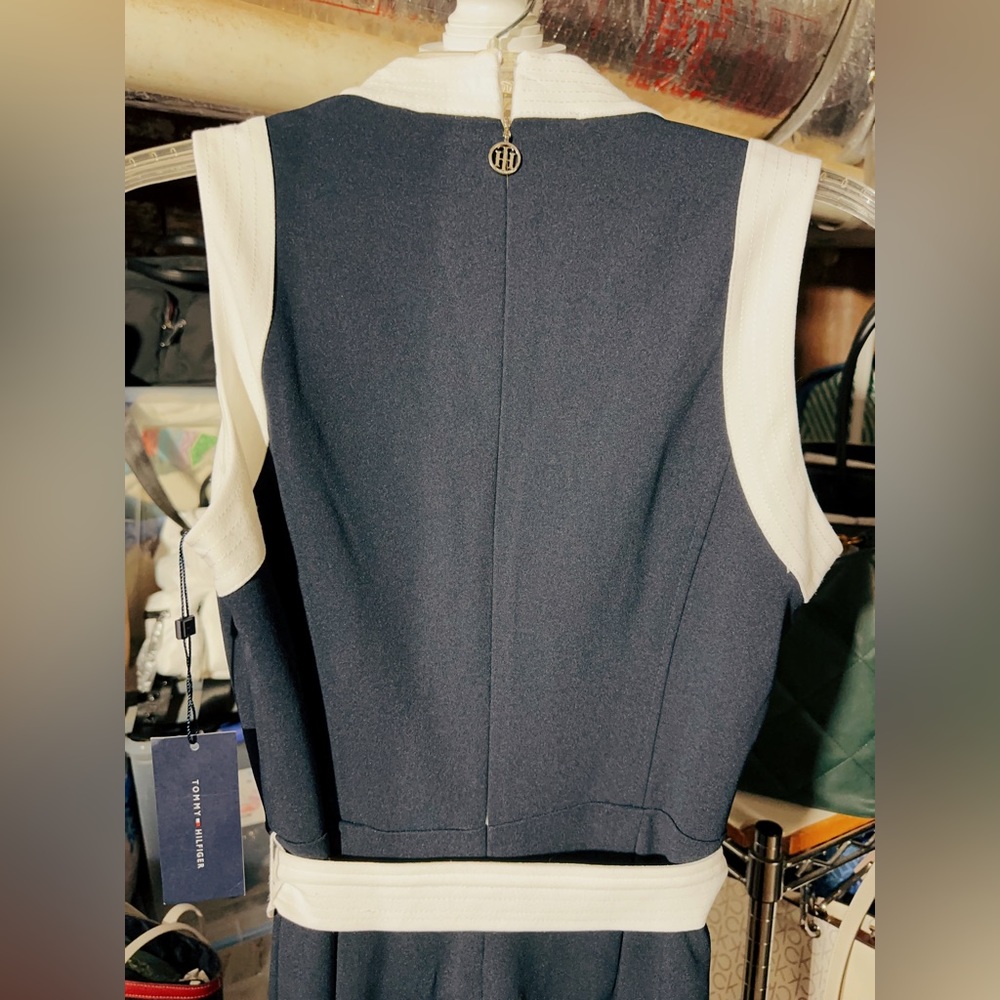 Tommy Hilfiger overall dress black white tie belt sleeveless v neck